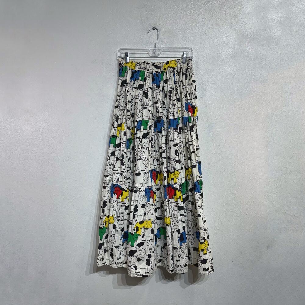 Handmade Cow Print Tiered Midi Skirt Novelty 90s Prairie Sz S/M - Picture 2 of 7
